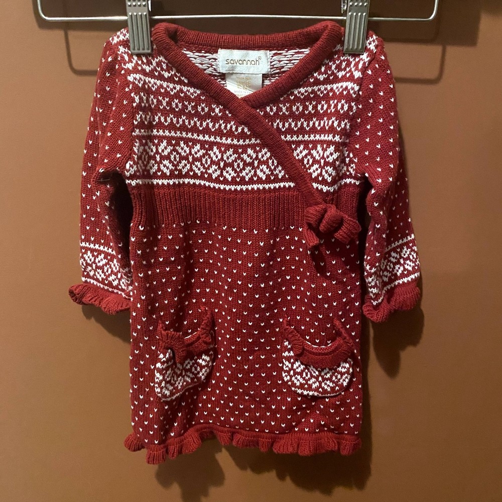EUC SAVANNAH LONG SLEEVE RED AND WHITE SWEATER DRESS SIZE 3-6 MONTHS